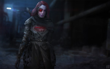 Картинка фэнтези девушки девушка охотник киборг рыжая за головами киберпанк