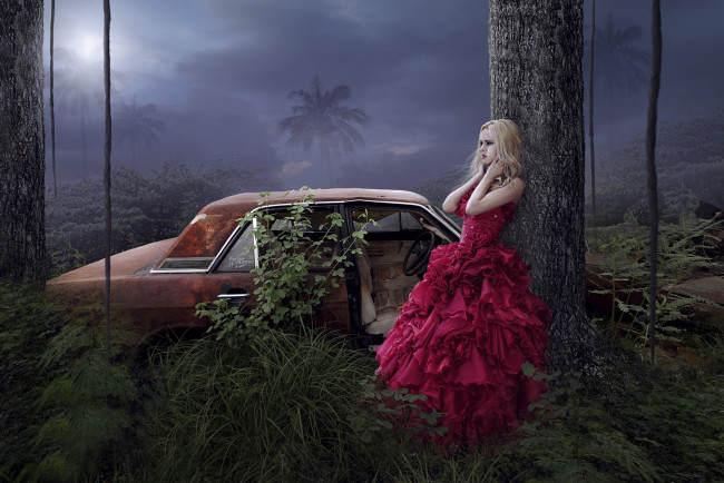 Обои картинки фото автомобили, 3d car&girl, автомобиль, платье, фантазия, девушка, пальмы, деревья