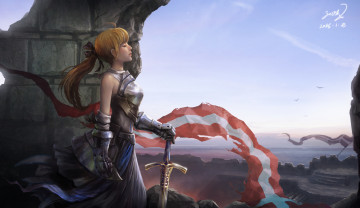 Картинка фэнтези девушки fantasy девушка профиль лицо доспехи меч оружие арт флаги крепость