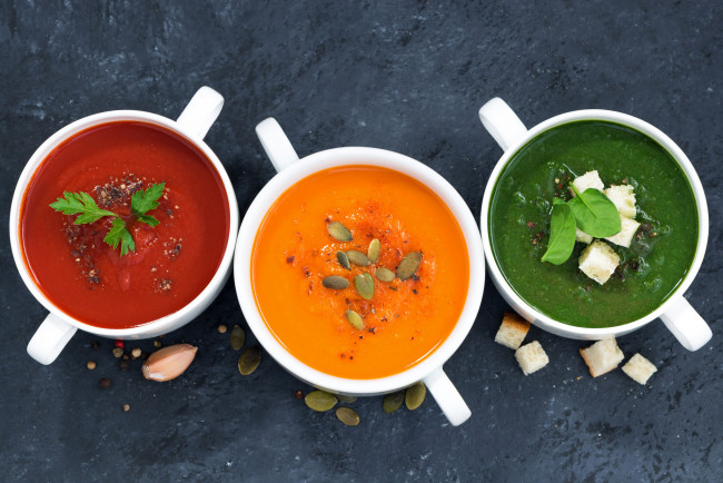 Обои картинки фото еда, первые блюда, тыква, томат, семечки, шпинат, суп