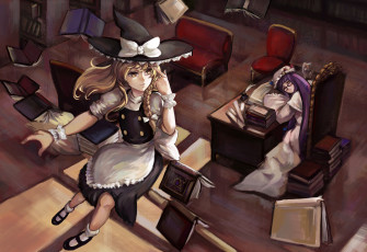 Картинка аниме touhou шляпа книги комната девушки магия