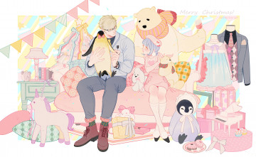 Картинка аниме зима +новый+год +рождество наряды диван парень девушка медведь пингвины коробки подарки