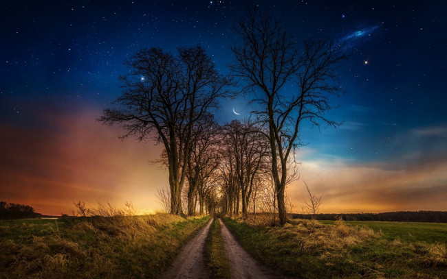 Обои картинки фото природа, дороги, небо, звездное, ночь, летняя