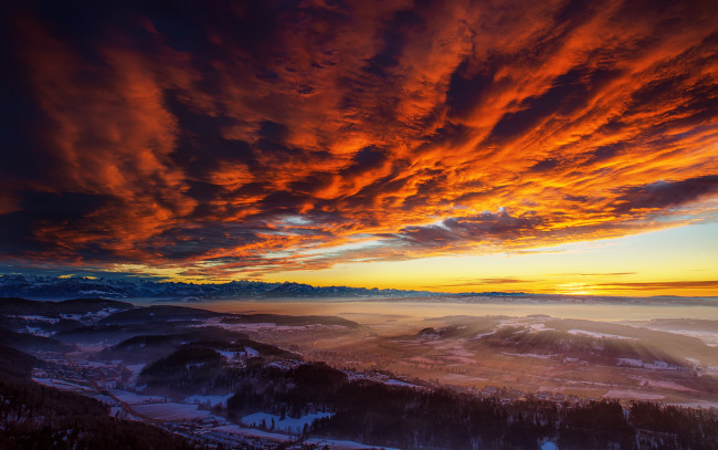 Обои картинки фото швейцария, природа, восходы, закаты, пейзаж, горы, город, багровое, небо, закат, солнца, альпы