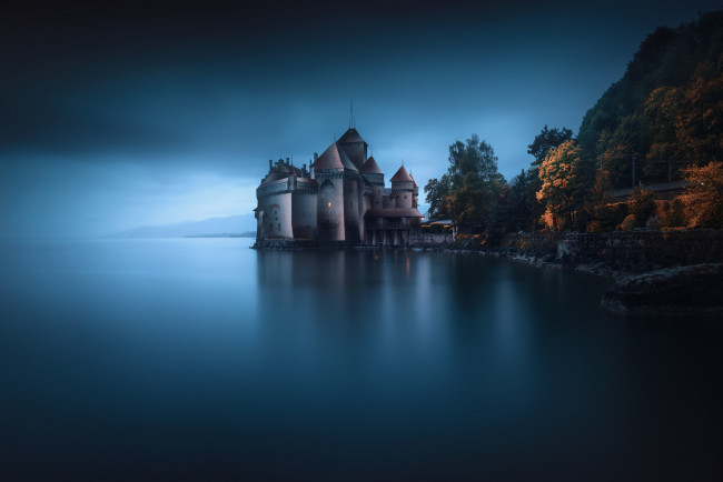 Обои картинки фото города, - дворцы,  замки,  крепости, замок, осень, озеро, вечер