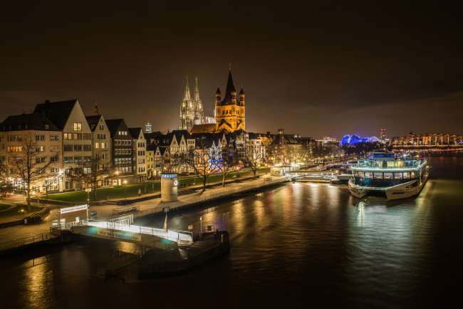 Обои картинки фото города, кельн , германия, гериания, ночь, кёльн, рейн, река, огни