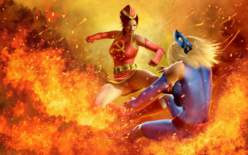 Картинка 3д+графика фантазия+ fantasy девушки фон бой униформа пламя