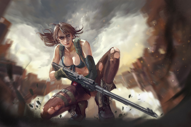 Обои картинки фото видео игры, metal gear solid v,  the phantom pain, девушка, фон, взгляд, винтовка