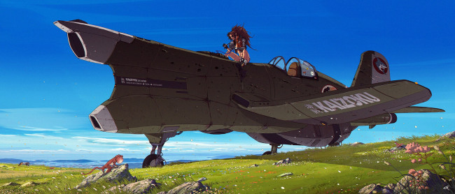 Обои картинки фото аниме, оружие,  техника,  технологии, девушка, самолет, ящерица
