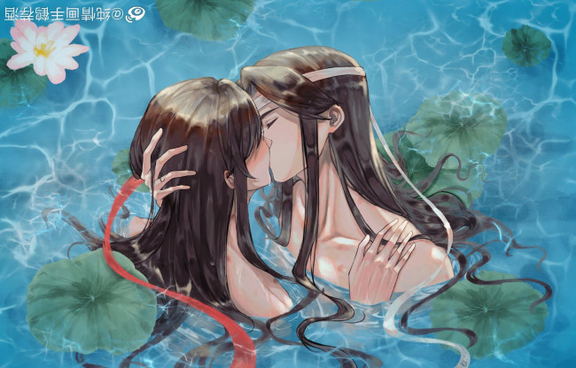 Обои картинки фото аниме, mo dao zu shi, вэй, усянь, лань, ванцзы, поцелуй, озеро