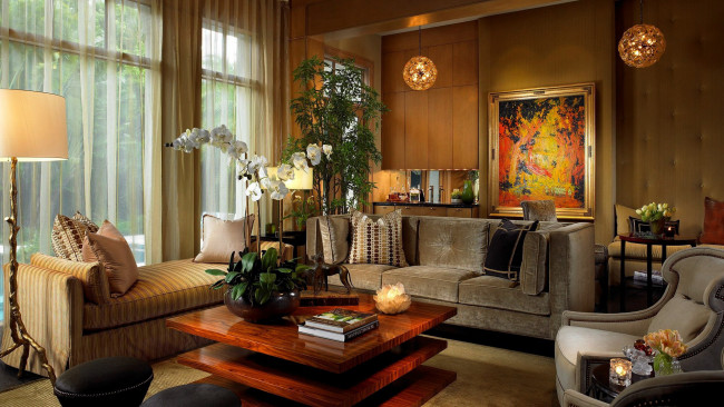 Обои картинки фото интерьер, гостиная, картина, торшер, мягкий, уголок, орхидеи