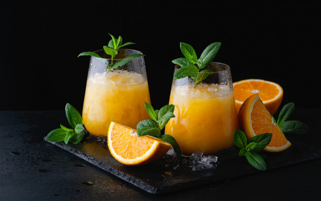 Обои картинки фото еда, напитки,  сок, мята, лед, апельсин, сок, апельсиновый