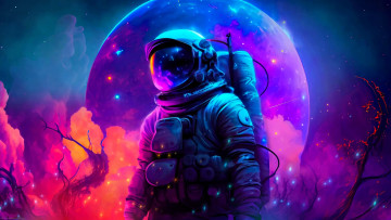 обоя космос, арт, космонавт, шлем, скафандр, планета, растения