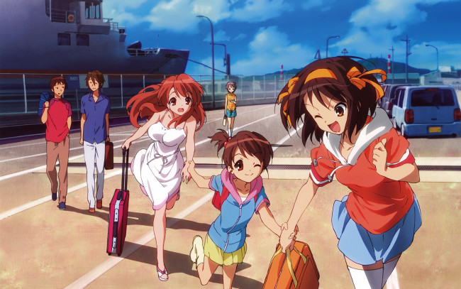 Обои картинки фото аниме, the, melancholy, of, haruhi, suzumiya, девушки, корабль