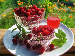 Картинка еда фрукты +ягоды малина зелень веточка вазочки ягода солнце листья тарелка красная сок бокал сад стол вишня
