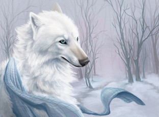 Картинка рисованное животные +волки снег деревья белый волк шарф
