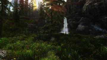 Картинка природа водопады гора ели цветы трава