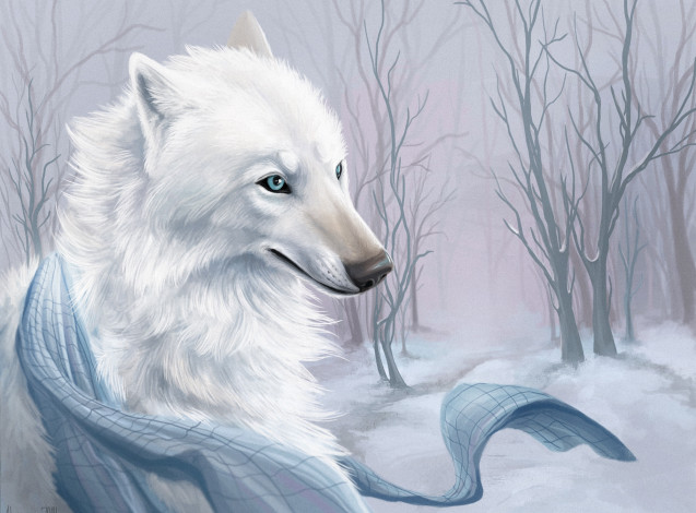 Обои картинки фото рисованное, животные,  волки, снег, деревья, белый, волк, шарф