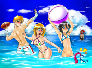 обоя аниме, bleach, мужчины, вода, мяч, девушки