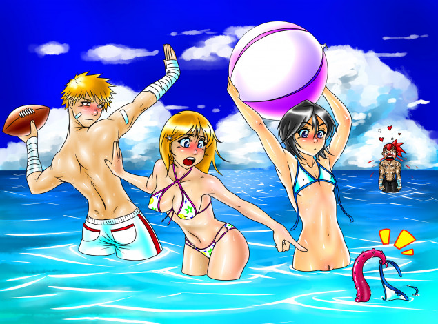 Обои картинки фото аниме, bleach, мужчины, вода, мяч, девушки
