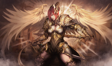 Картинка фэнтези ангелы крылья латы девушка фон меч