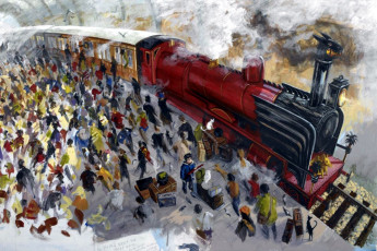 Картинка рисованное кино +мультфильмы паровоз вокзал люди чемоданы животные