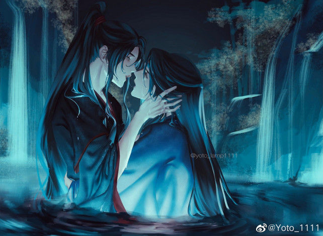 Обои картинки фото аниме, mo dao zu shi, вэй, усянь, лань, ванцзы, водопады, озеро
