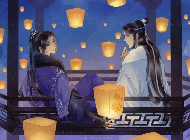 Обои картинки фото аниме, mo dao zu shi, цзян, чэн, лань, сичэнь, фонарики, беседка
