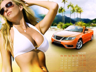 обоя календари, девушки, автомобиль, август, девушка, купальник, очки