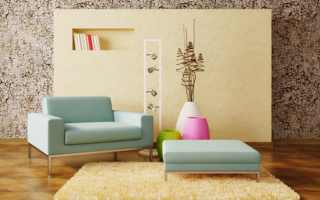 Обои картинки фото 3д, графика, realism, реализм, кресло, ковёр, вазы, стенка, декор