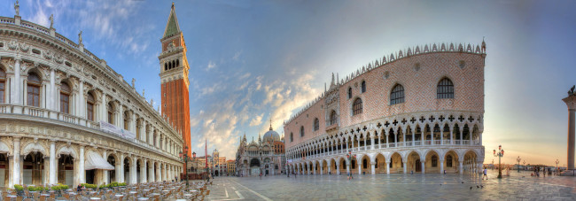 Обои картинки фото piazza, san, marco, venice, italy, города, венеция, италия, панорама, площадь, сан-марко, дворец, дожей, кампанила, колокольная, башня