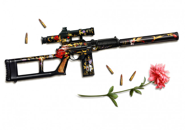 Обои картинки фото оружие, автоматы, пули, прицел, цветок