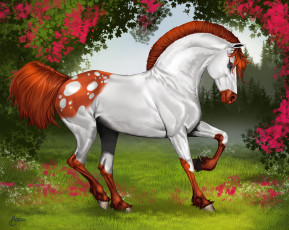 Картинка рисованные животные лошади лошадь деревья