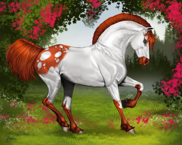 Обои картинки фото рисованные, животные, лошади, лошадь, деревья