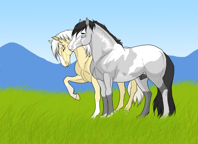 Обои картинки фото рисованные, животные, лошади, трава, лошадьи