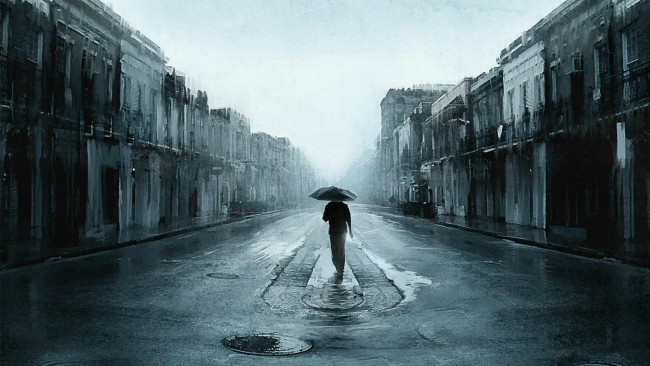 Обои картинки фото рисованные, люди, зонт, улица, люк