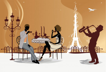 Картинка векторная+графика люди кафе париж эйфелева башня