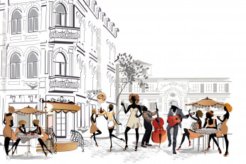 Картинка векторная+графика люди paris музыка парни девушки square girls guys street city площадь улица