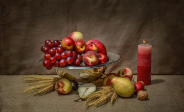 Картинка еда натюрморт свеча орех груши фрукты виноград яблоки