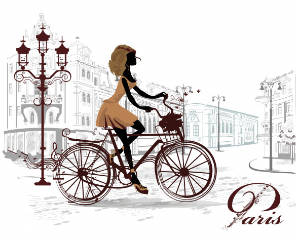 Обои картинки фото векторная графика, люди, париж, город, улица, площадь, девушка, велосепед