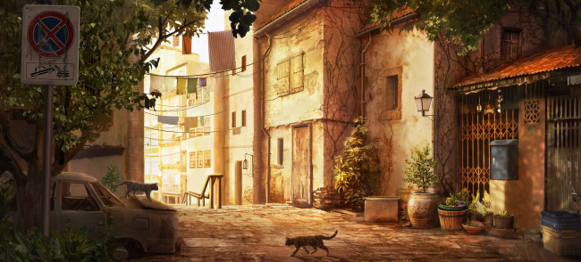 Обои картинки фото рисованные, города, бельё, кашпо, растения, дома, остов, машина, кошки, улица, город