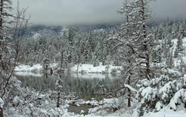 Обои картинки фото природа, зима, облака, озеро, лес, снег, горы