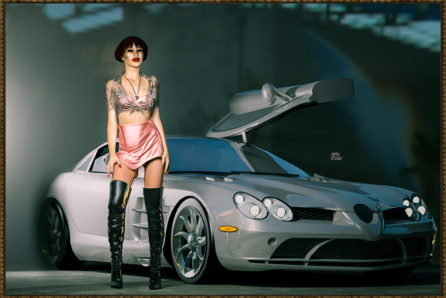 Обои картинки фото автомобили, 3d car&girl, автомобиль, взгляд, девушка