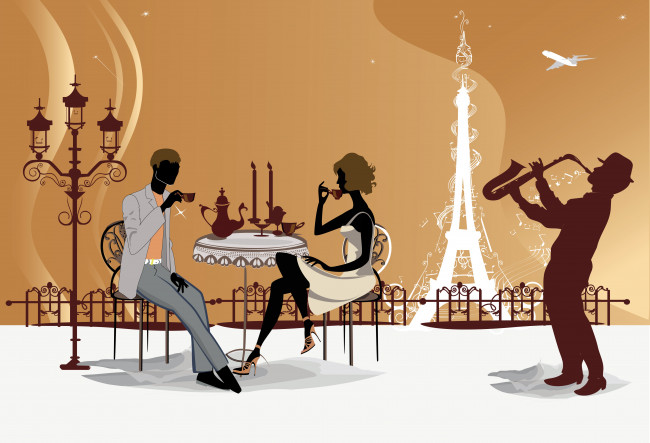 Обои картинки фото векторная графика, люди, кафе, париж, эйфелева, башня