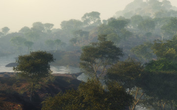 обоя 3д графика, природа , nature, река, лес, туман