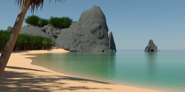 Обои картинки фото 3д графика, природа , nature, лес, пляж, скала, море