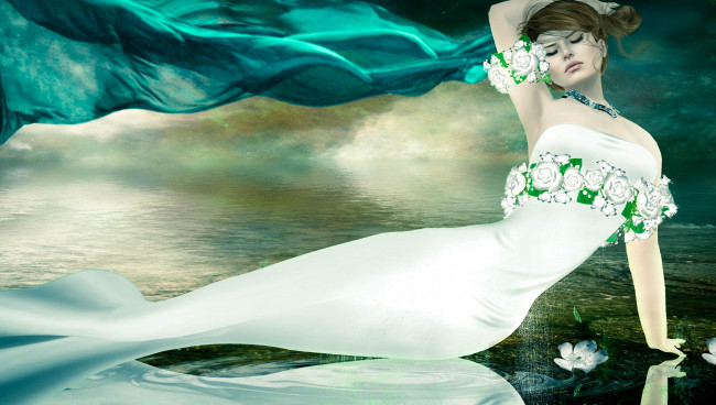 Обои картинки фото 3д графика, фантазия , fantasy, девушка, ткань, платье, цветы, настроение