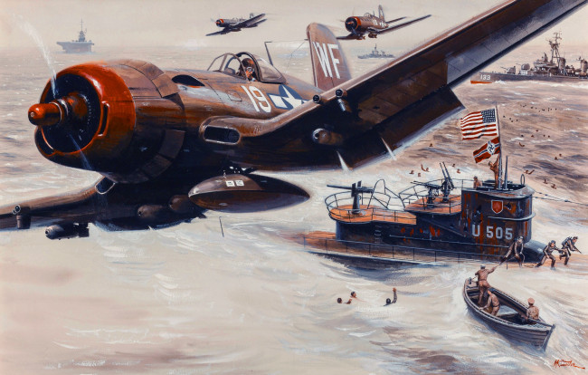 Обои картинки фото рисованное, армия, корабли, пилот, люди, истребитель, подводная, лодка, сражение