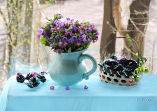 Картинка еда конфеты +шоколад +сладости композиция весна букетик smithiantha цветы фото натюрморт медуница