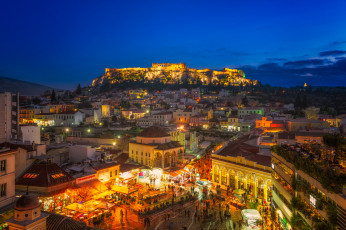 обоя athens monastiraki square at night, города, афины , греция, панорама
